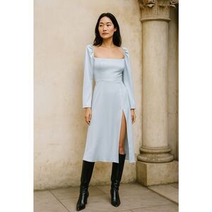 Aritzia Wilfred Bridgerton Satin Blue Square Neck Long Sleeve Slit Midi Dress 0